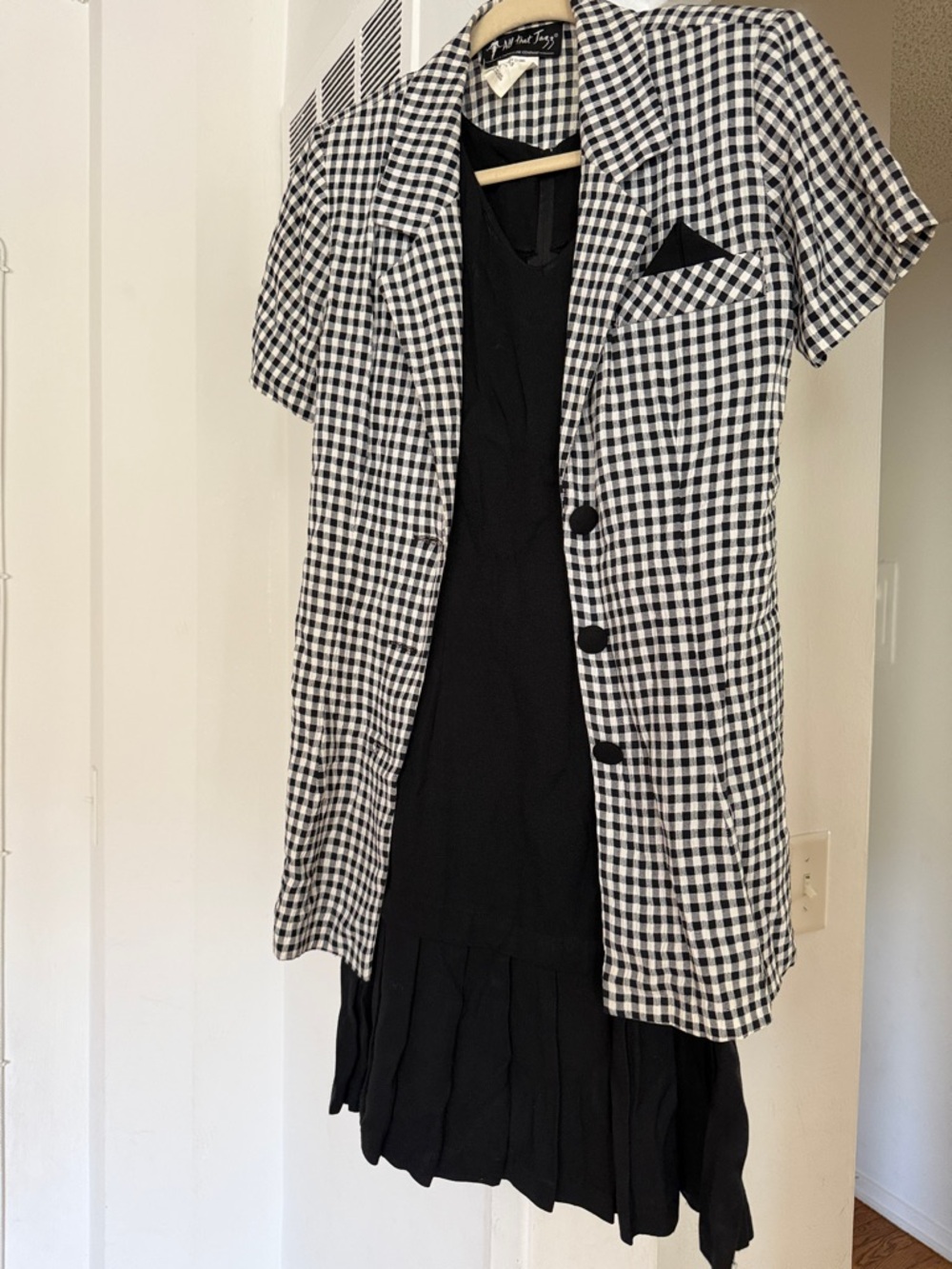Gingham Short-Sleeve Blazer Jacket - Black & White